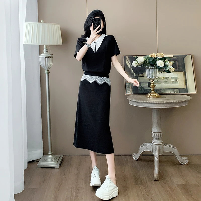 法式气质休闲运动套装女夏洋气拼接蕾丝黑色短袖上衣半身裙两件套