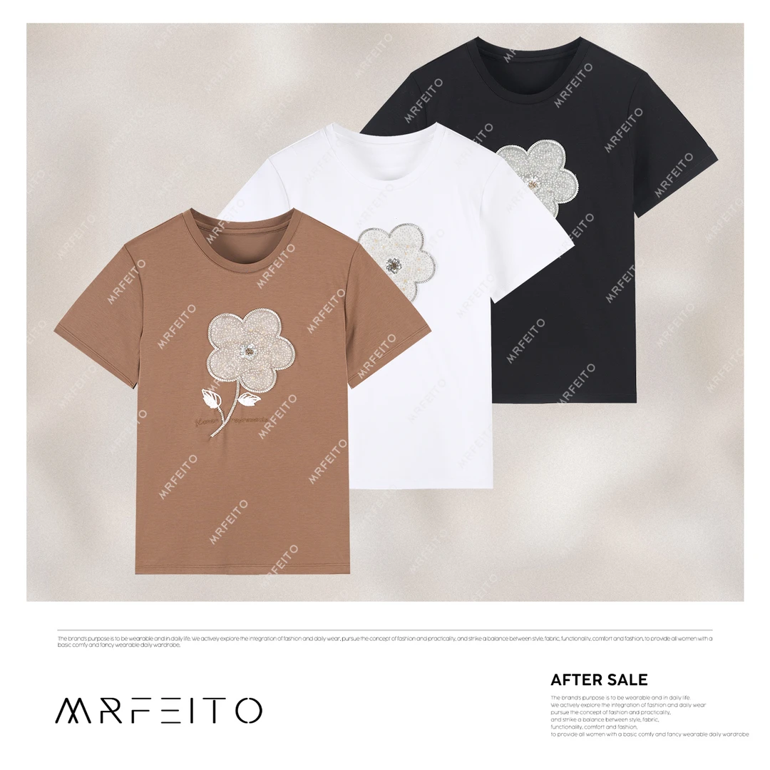 MRFEITO菲爷驾到【幸运草】韩系简约亮片花朵短袖T恤H29TX02X31322