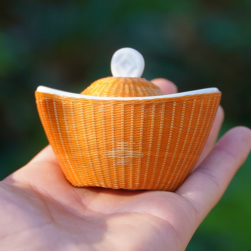 GZ038（邱峰专属）竹丝元宝茶叶罐带编花