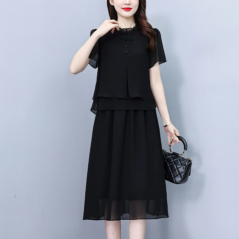 洋气减龄轻奢黑色高档假两件连衣裙女2025夏季新款显瘦中长款裙子