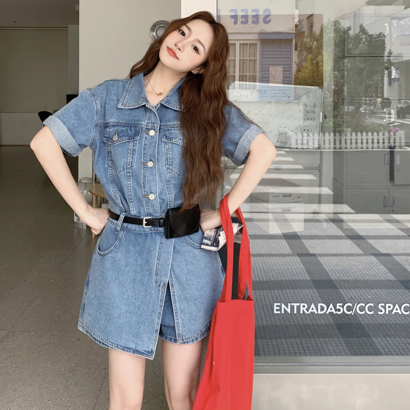 设计感韩版时尚连体短裤套装2025夏季新款翻领短袖薄款牛仔连体裤