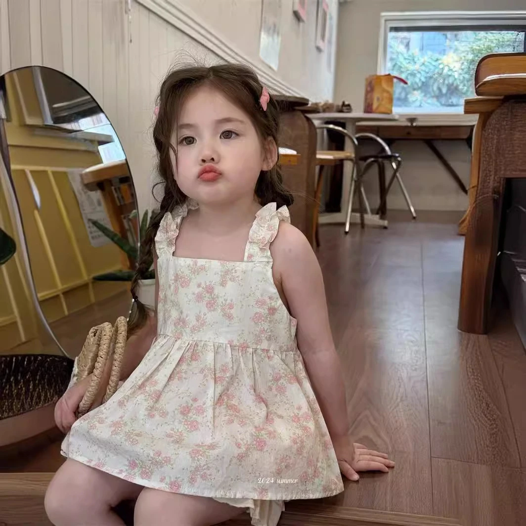 橘止皮【现货】夏季新款儿童上衣碎花吊带清新女童无袖背心XQ249226