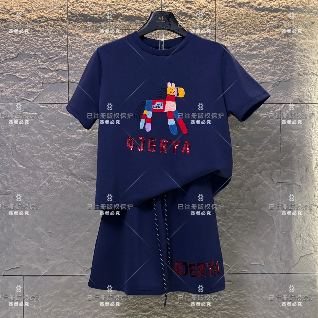 专享价WMA-A50设计师款丨刺绣七彩小马宽松版短袖T恤短裤时尚套装