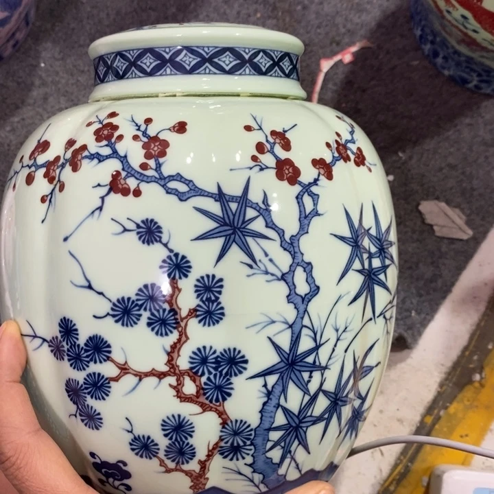 盖碗陶瓷绿稀土松竹梅罐子