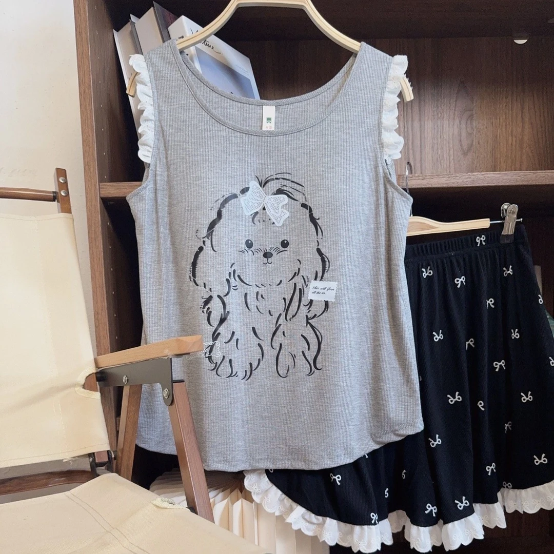 莫代尔新款睡衣女夏季带胸垫可爱小狗背心短裤家居服可外穿
