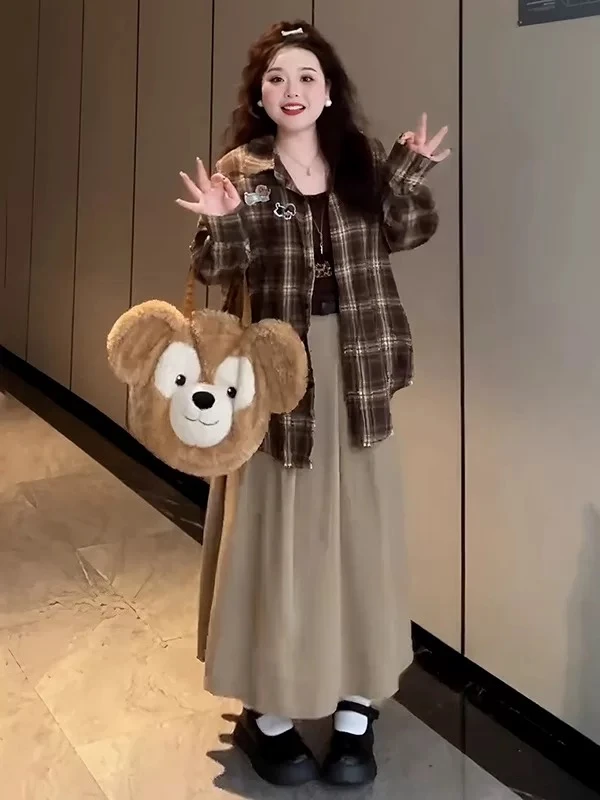 大码减龄格子衬衫吊带半裙三件套女秋季胖mm梨型身材遮肚套装2089