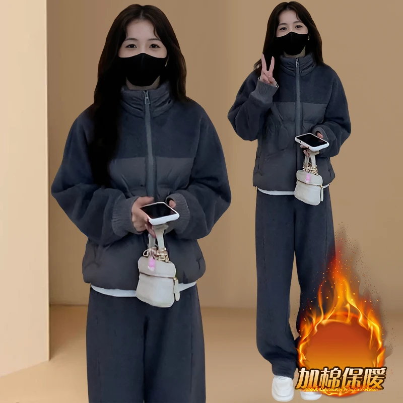 欧货款套装女2025秋冬装设计感韩版毛呢棉服外套+毛呢裤子两件套