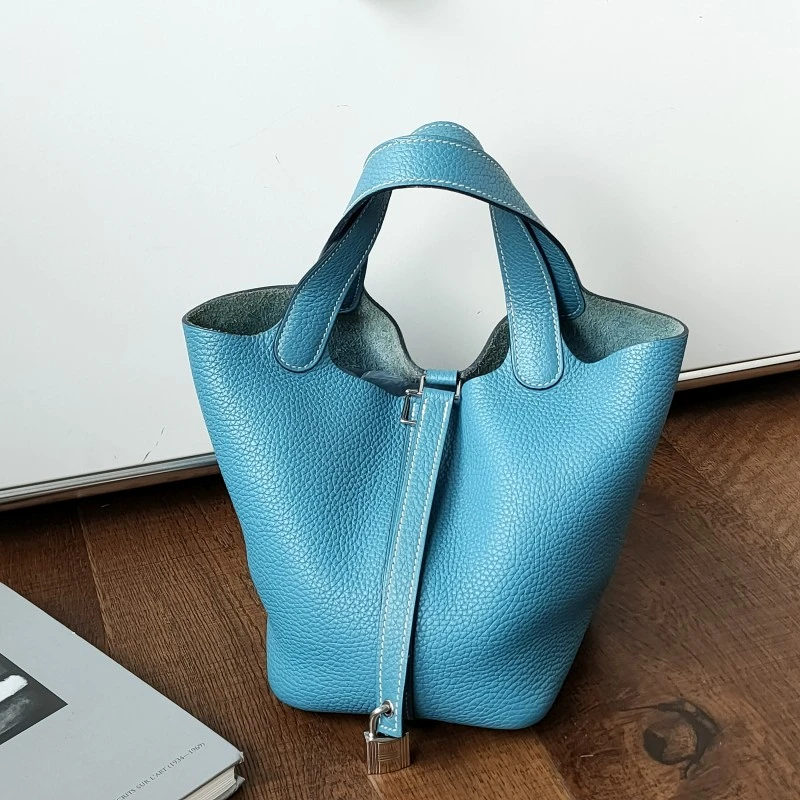 95新 Hermes/爱马仕 Azul-牛仔蓝TC皮菜篮子18手提包/50160