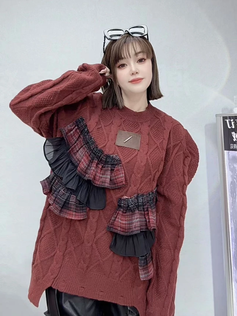 欧货女装2025早春新款时尚圆领拼接不规则百搭毛衣