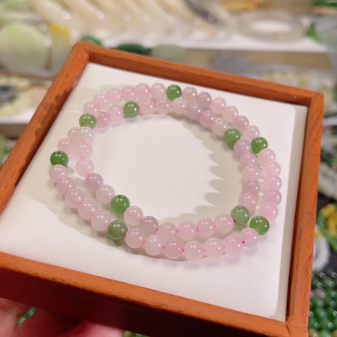 和田玉手链未镶嵌藕粉双圈卡6