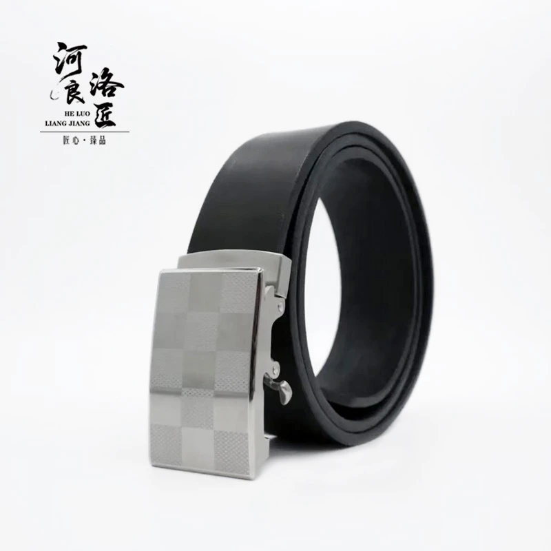 手工制作头层牛皮男士无牙无孔自动扣皮带黑色经典百搭腰带男生