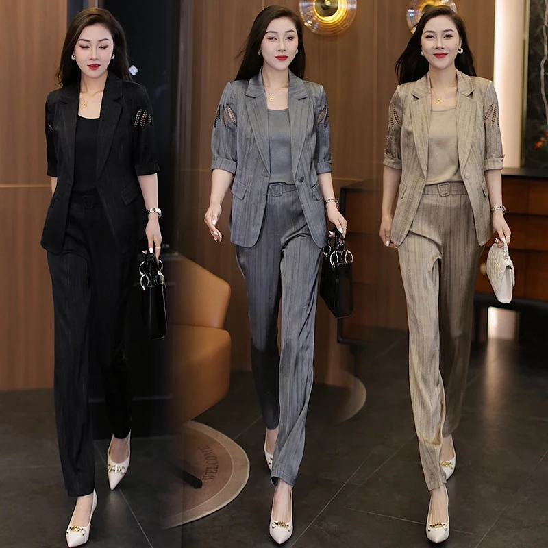冰丝垂感中袖西服套装女夏季新款气质薄款小西装阔腿裤三件套
