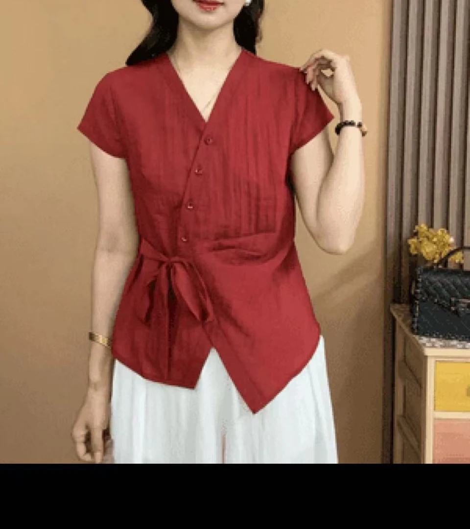 绑带V领系带短袖常规款纯色T恤气质时尚athflow风显瘦夏季设计感