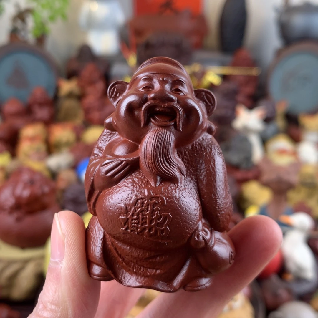 紫砂茶宠铜钱财神高约6cm