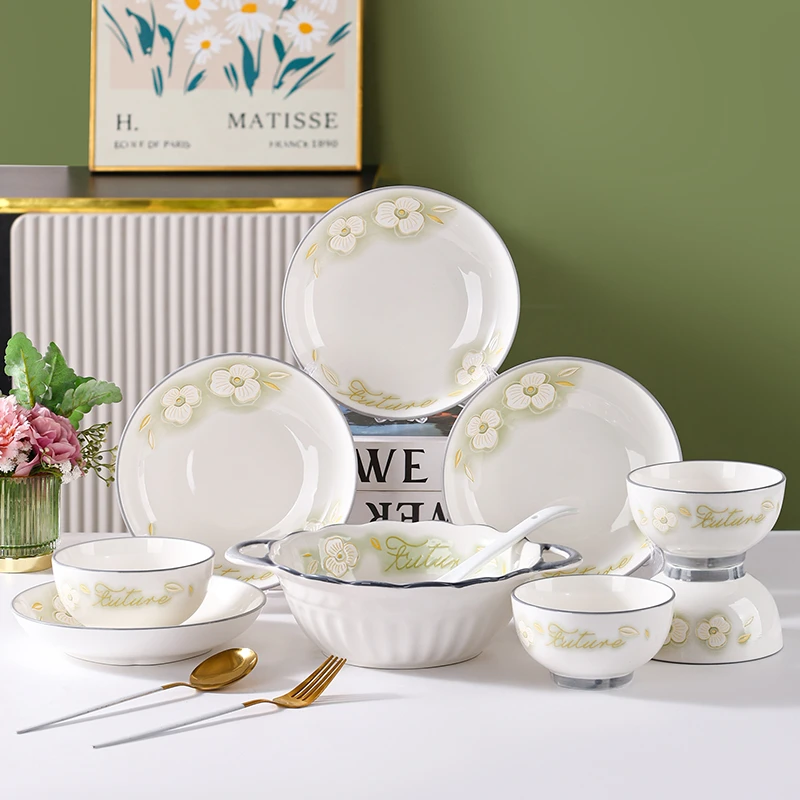 句途金枝玉叶新10件套碗盘（含双耳锅）家用陶瓷吃饭碗盘子汤盆