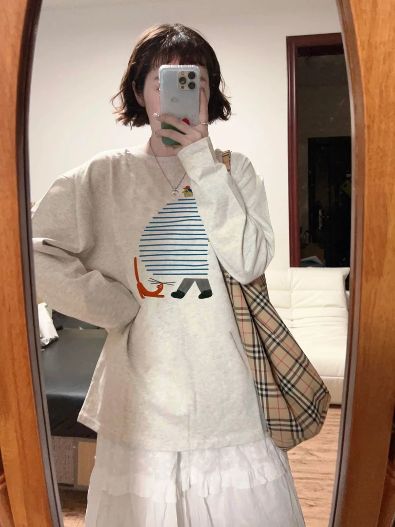 100%纯棉美式长袖t恤女2025新款爆款秋冬季宽松慵懒风内搭打底衫