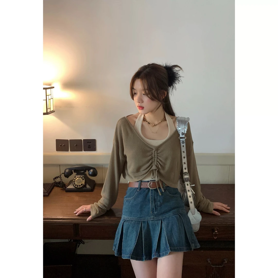 复古长袖休闲风甜辣风时尚两件套挂脖上衣