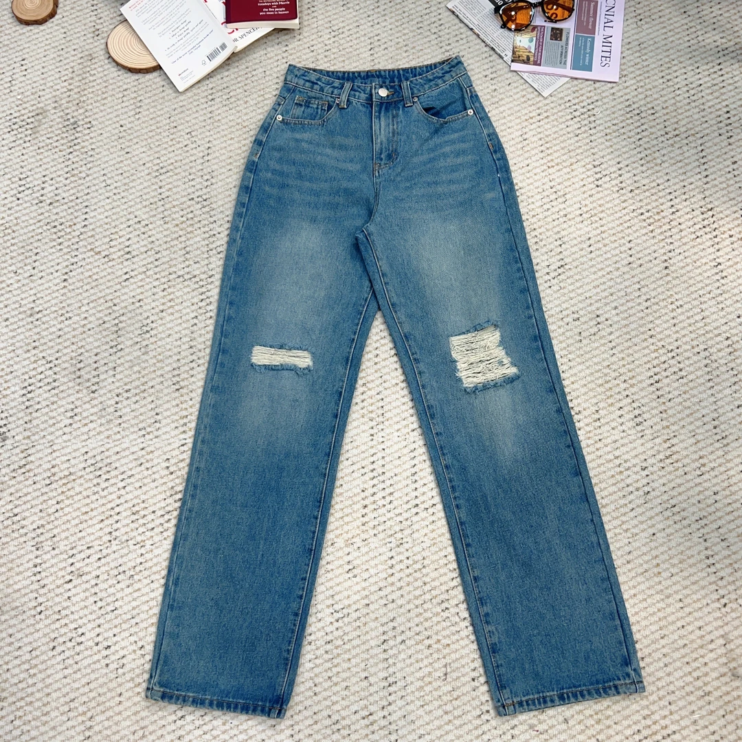 2025夏季新款纯色洗水牛仔破洞休闲裤阔腿裤3817