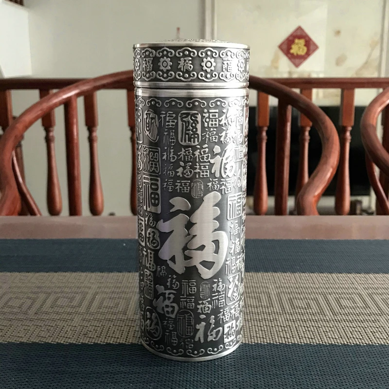 足银银制品 足银999百福款保温杯内外纯银复古手工泡茶杯隔热男士