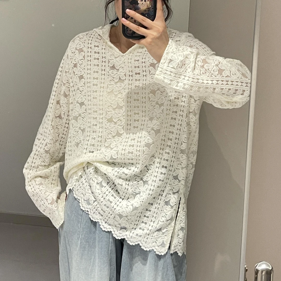 法式温柔风连帽花边蕾丝打底衫女春季新款气质时尚叠穿内搭上衣