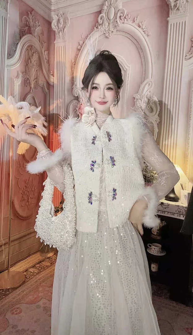 【崔】W0158亮片国风毛毛袖马甲立领设计感上衣女时尚气质马夹轻奢
