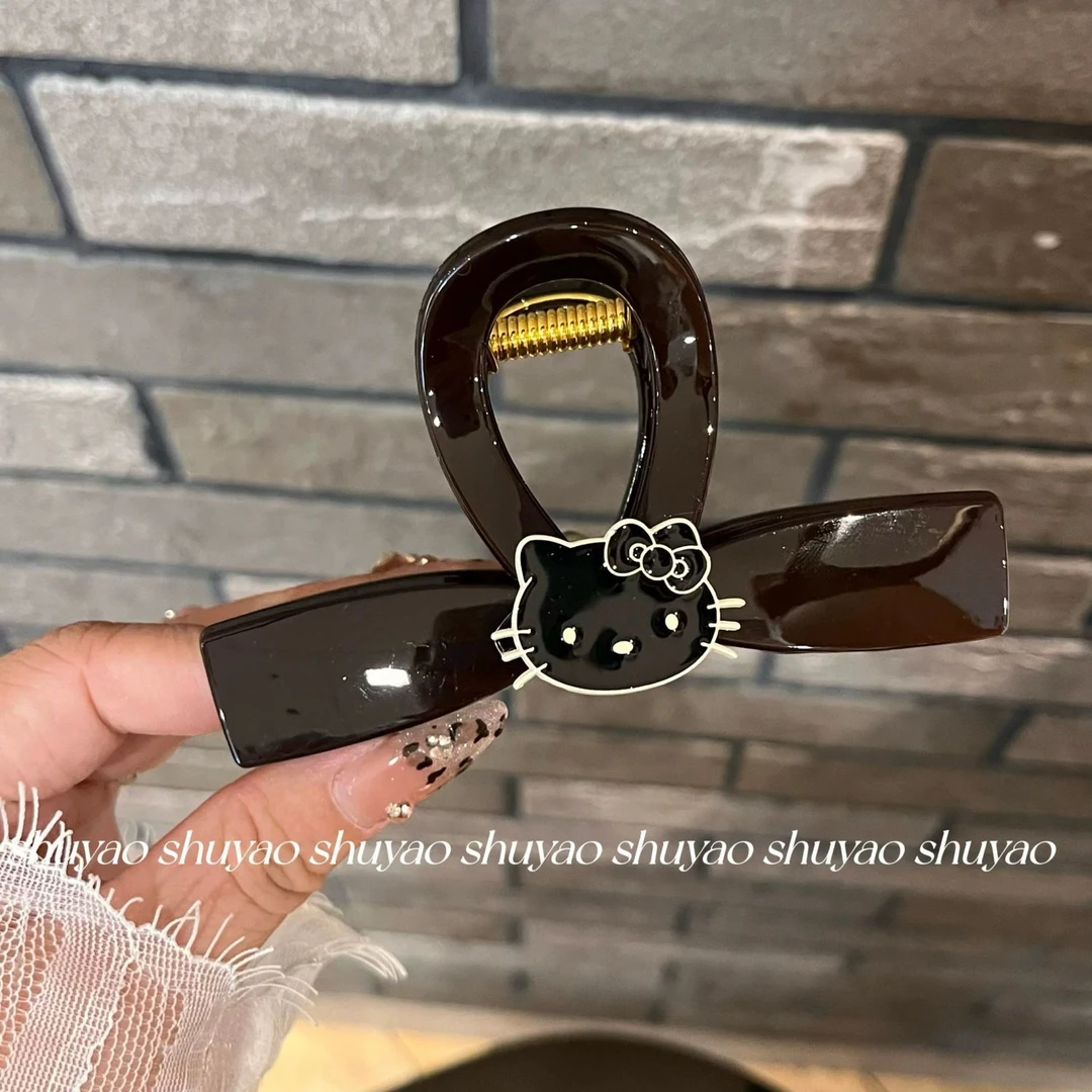 时尚KT猫蝴蝶结抓夹大号巧克力色鸡毛头半抓复古小众高级简约发夹