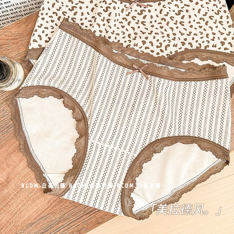 白茶的猫性感辣妹豹纹蕾丝边内裤女士甜酷纹理蝴蝶结柔软三角裤女