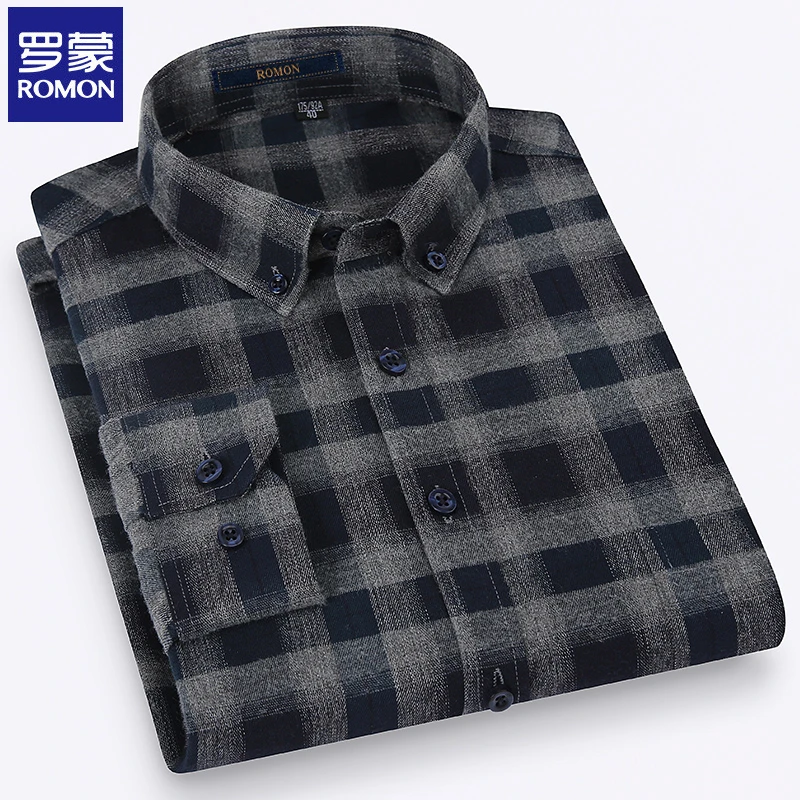 罗蒙100%纯棉磨毛格子衬衫长袖男士商务休闲春秋全棉条纹衬衣男装