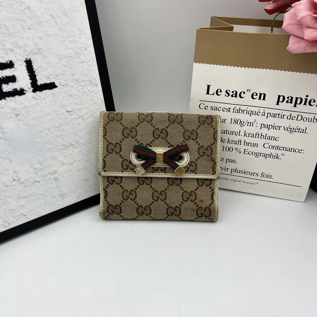 95新 GUCCI/古驰 8397/老花红绿织带蝴蝶结短款钱包