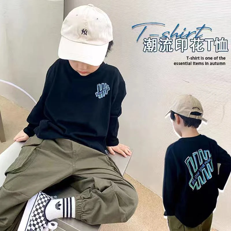 男童印花长袖T恤2025新款韩版秋装儿童百搭黑休闲上衣宝宝打底衫