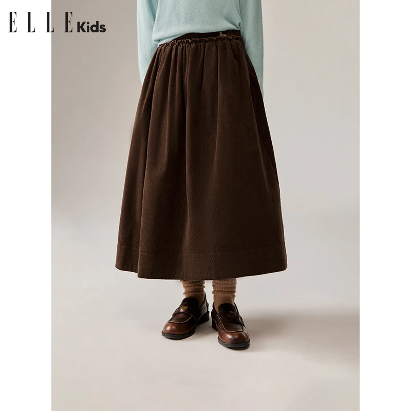 ELLE KIDS 童装秋冬复古灯芯绒抽皱半身裙时尚休闲百搭宽松文艺Q1