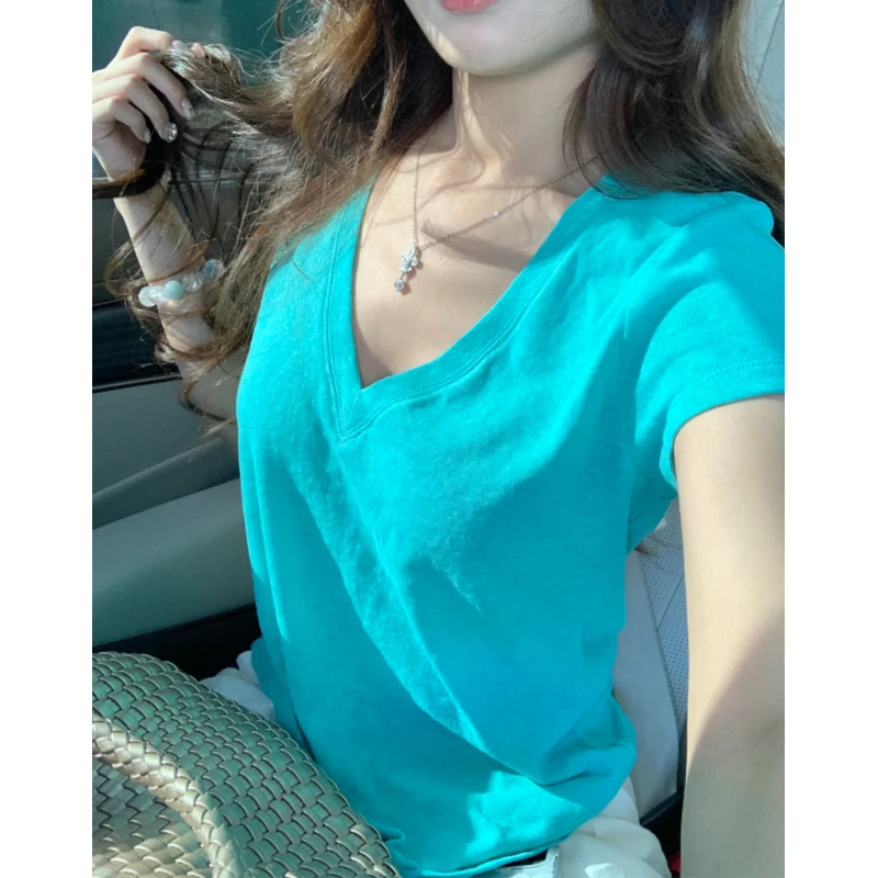 修身低V领短袖t恤女夏季2025新款高级感纯欲正肩湖蓝辣妹chic上衣