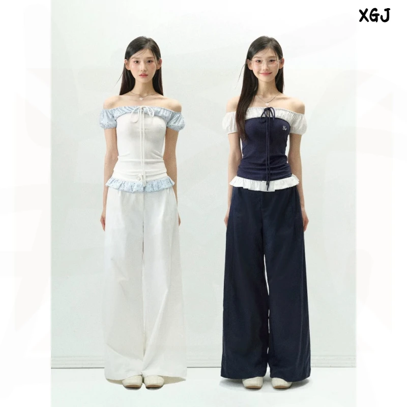 波点芭蕾风短袖T恤女夏季韩系露肩高级小众斜肩上衣