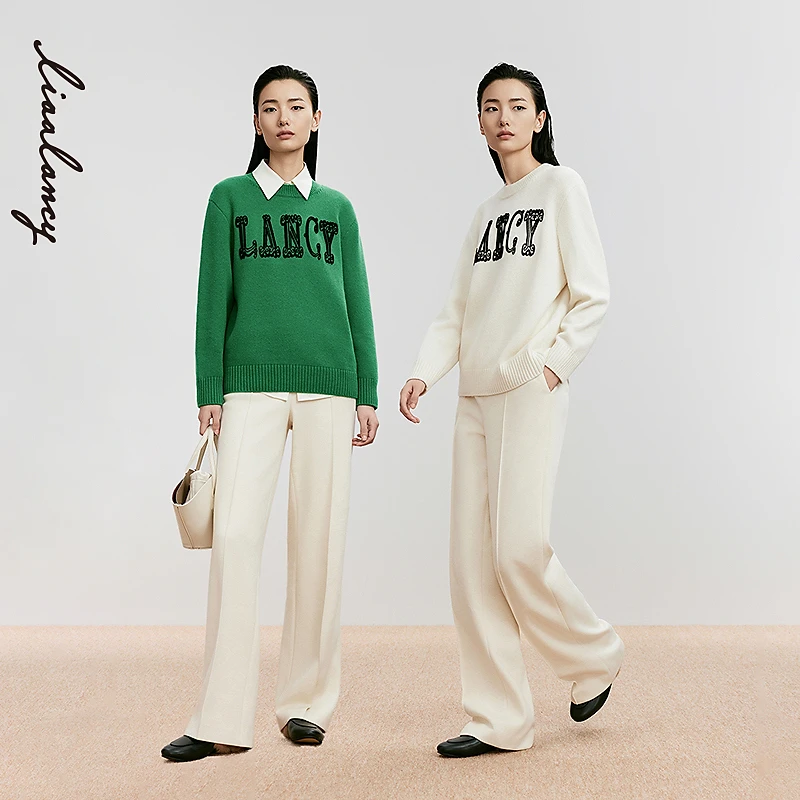 LANCY/朗姿2024冬新款纯羊毛字母廓形圆领针织衫毛衣女设计感上衣