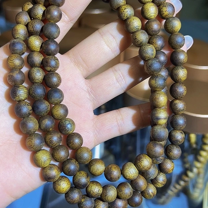 沉香手串九九沉圆珠单圈乌身圆叶0826