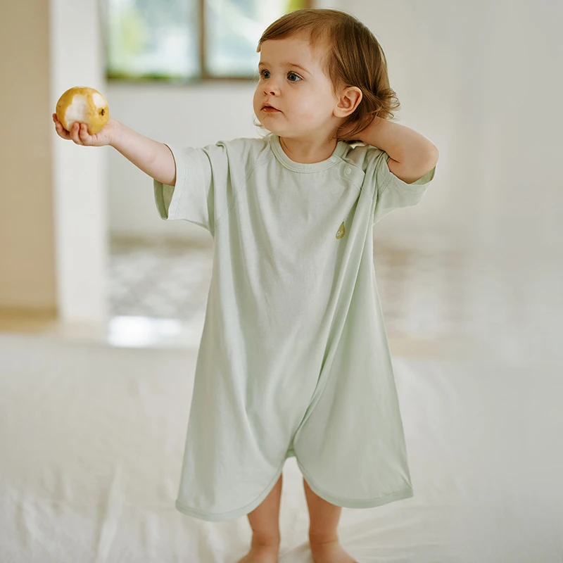 Oak Family婴幼儿桑蚕丝一体式睡袋夏季女宝宝防惊跳儿童短袖睡衣
