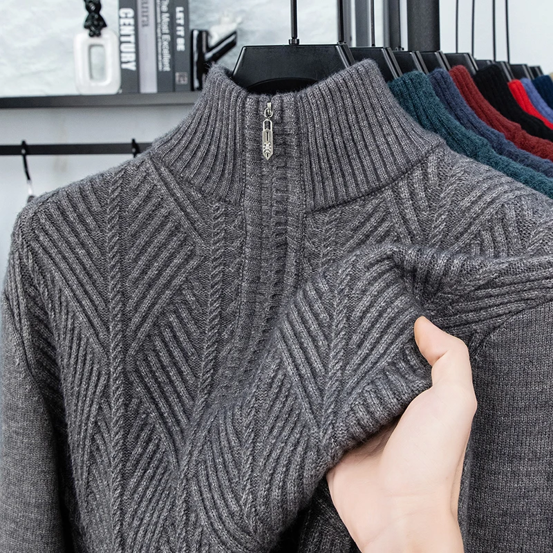 罗蒙男士针织毛衣秋冬季加厚半拉链套头毛衫时尚提花宽松保暖上衣