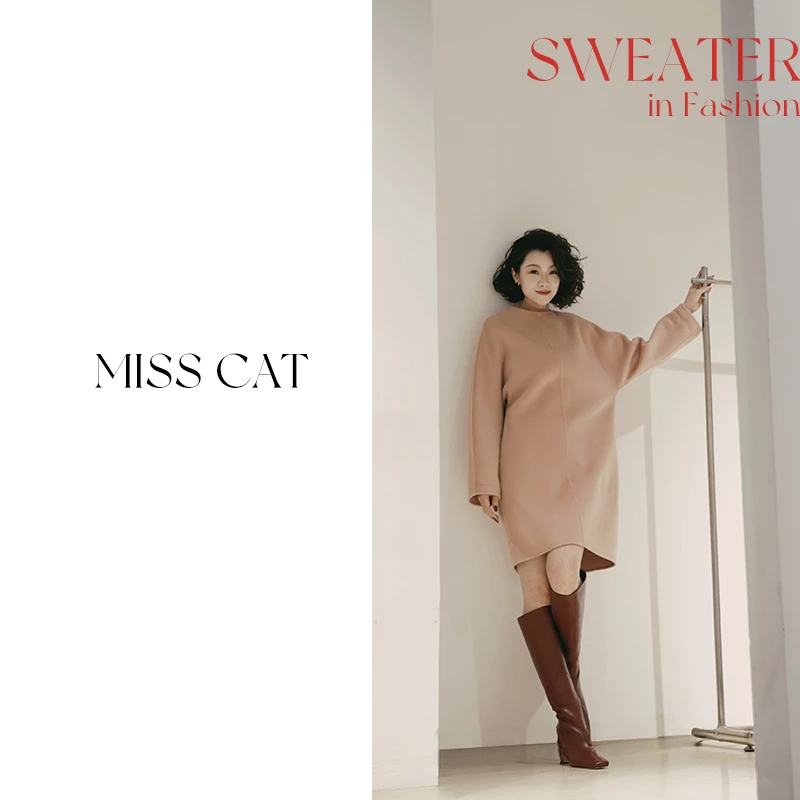 FELINE早呀猫小姐冬新简约澳毛双面呢直筒连衣裙百搭中长款