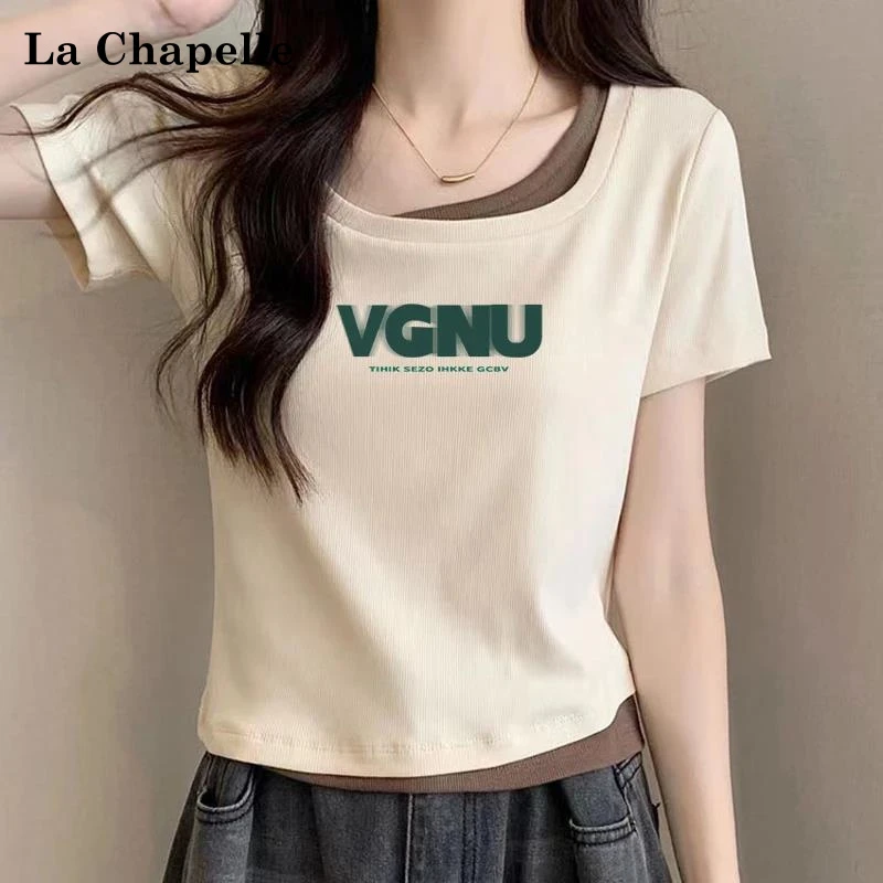 拉夏贝尔大码胖mm棉质纯欲风辣妹修身显瘦短袖t恤女士夏季假两件