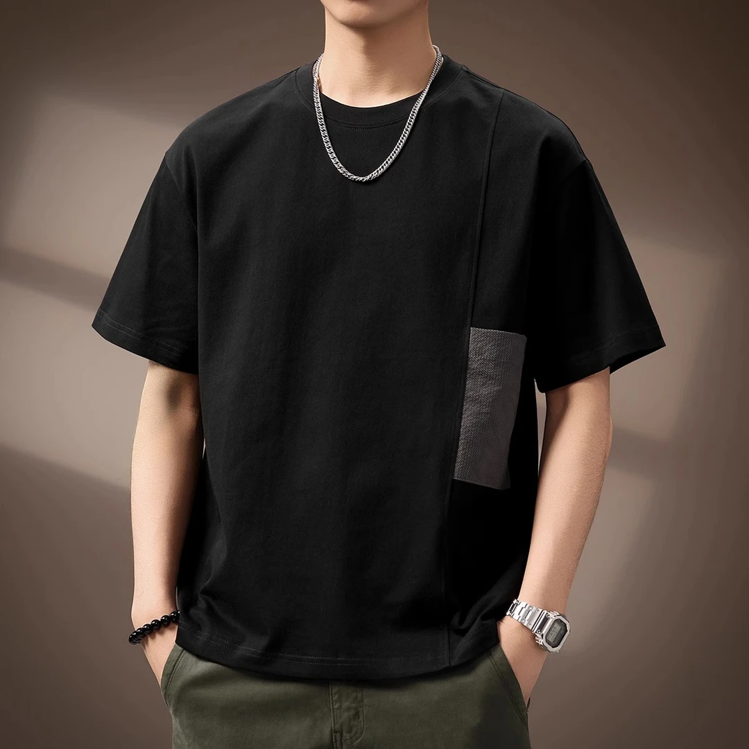 GTRT高端撞色拼接美式复古短袖T恤男士夏季新款宽松半袖百搭休闲