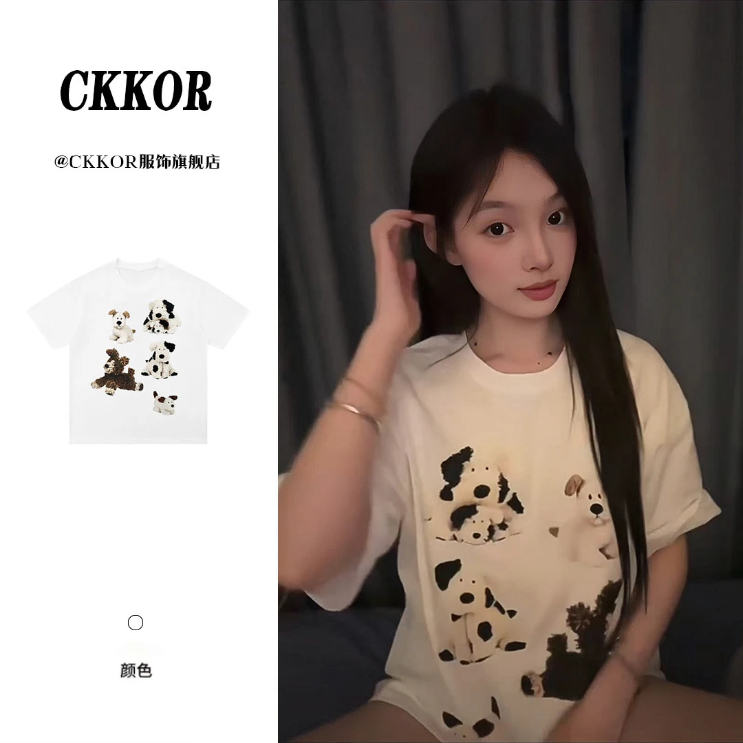 CKKOR春夏新款百搭纯棉短袖t恤女布偶狗狗印花休闲宽松学院风上衣
