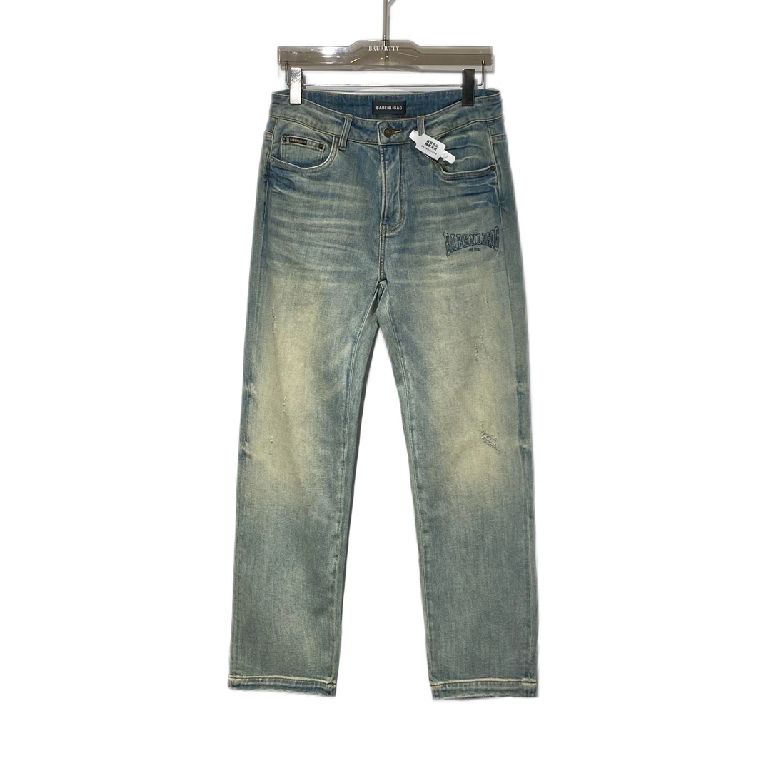 【奢潮定制】春季 1702男款蓝色直筒潮牌字母绣花装饰百搭牛仔裤