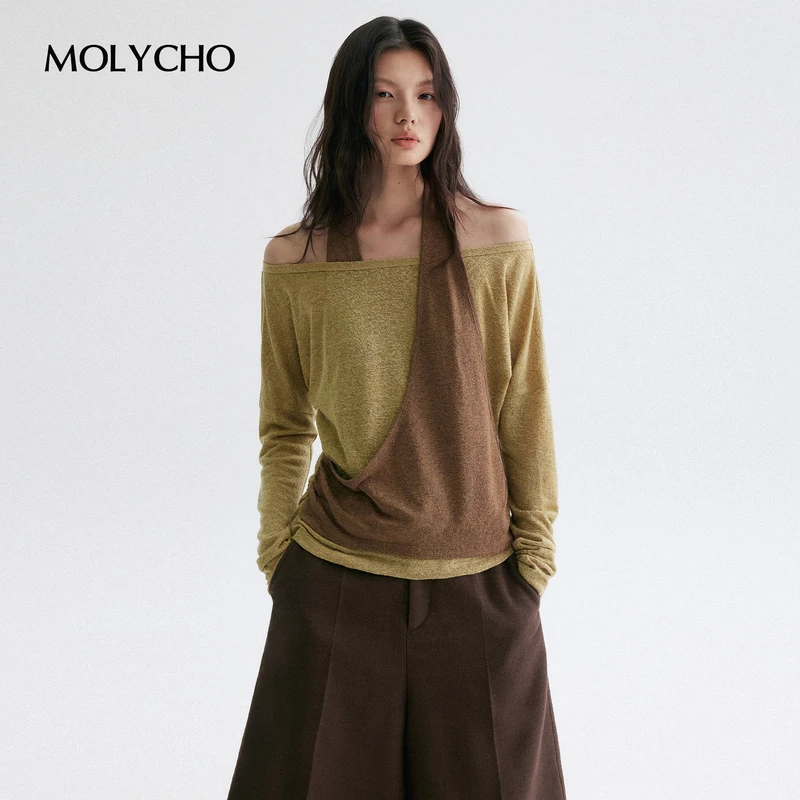 MOLYCHO  | 氛围感美学/撞色假两件挂脖长袖T恤女/一字领漏肩上衣