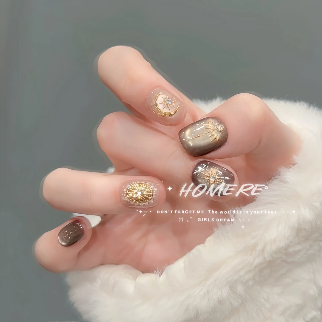 【乌托邦】秋冬爆款手工穿戴甲玻璃珠日月星辰可拆卸美甲10片装