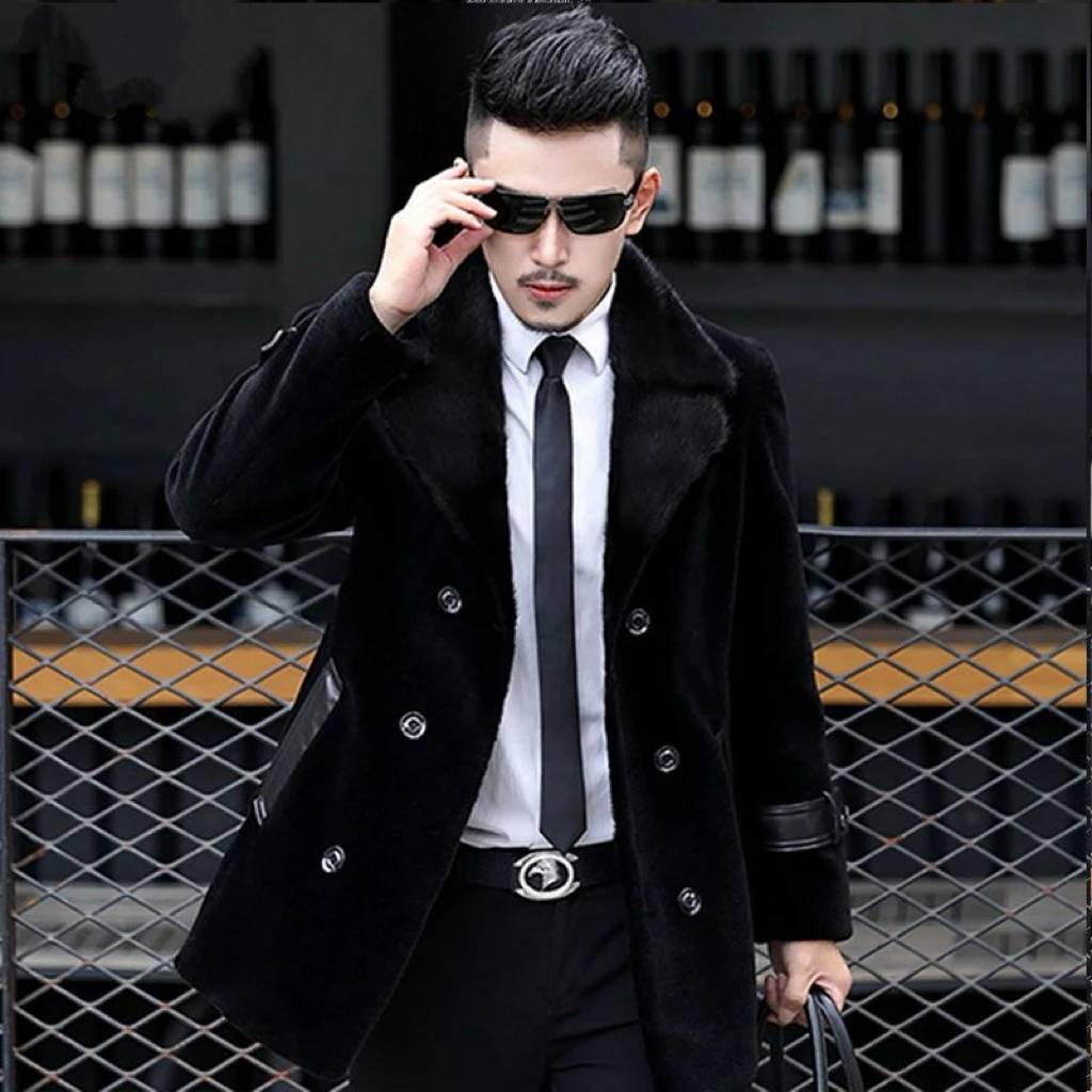 真皮皮衣男中长款皮毛一体皮草羊剪绒西装领水貂皮大衣羊毛外套厚