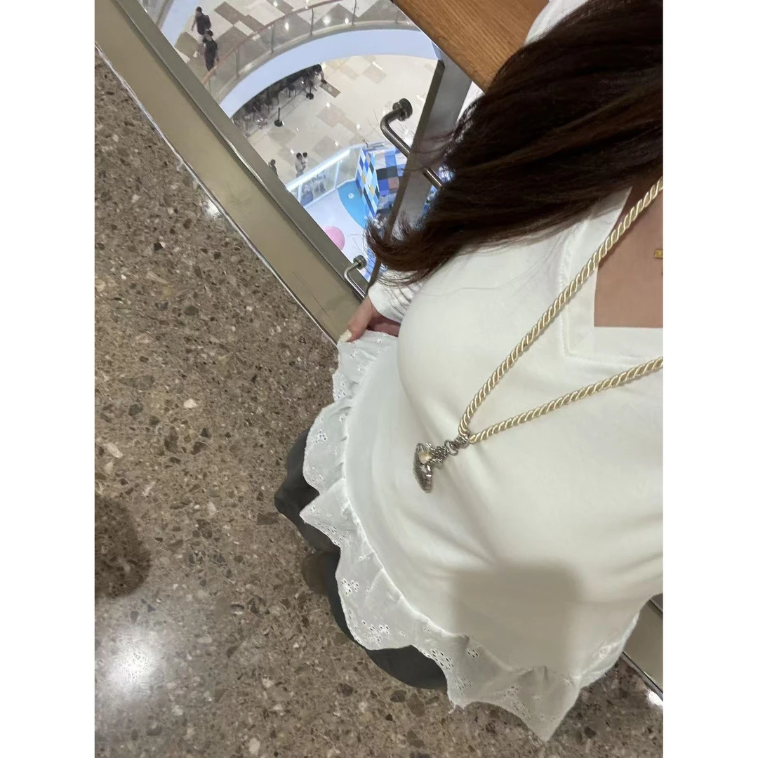 蕾丝花边拼接V领短袖轻熟风纯色T恤百搭常规款秋冬新款大码