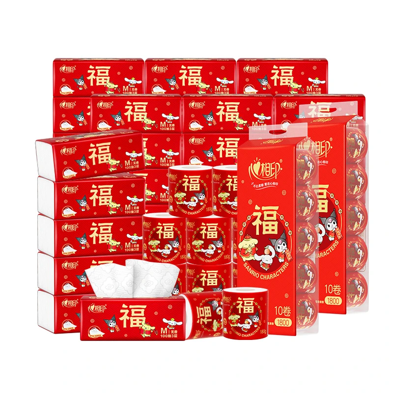 心相印新春酷洛米抽纸M码100抽20包2箱+卷纸180克10卷2提厚实R