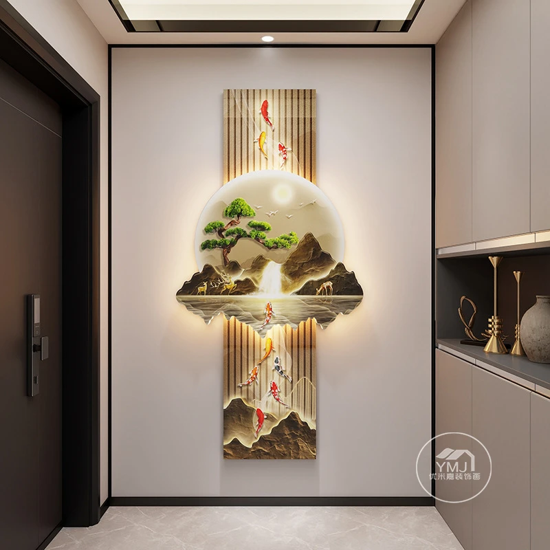 新中式九鱼图挂画高级感轻奢玄关装饰画正对门带灯画走廊过道壁画