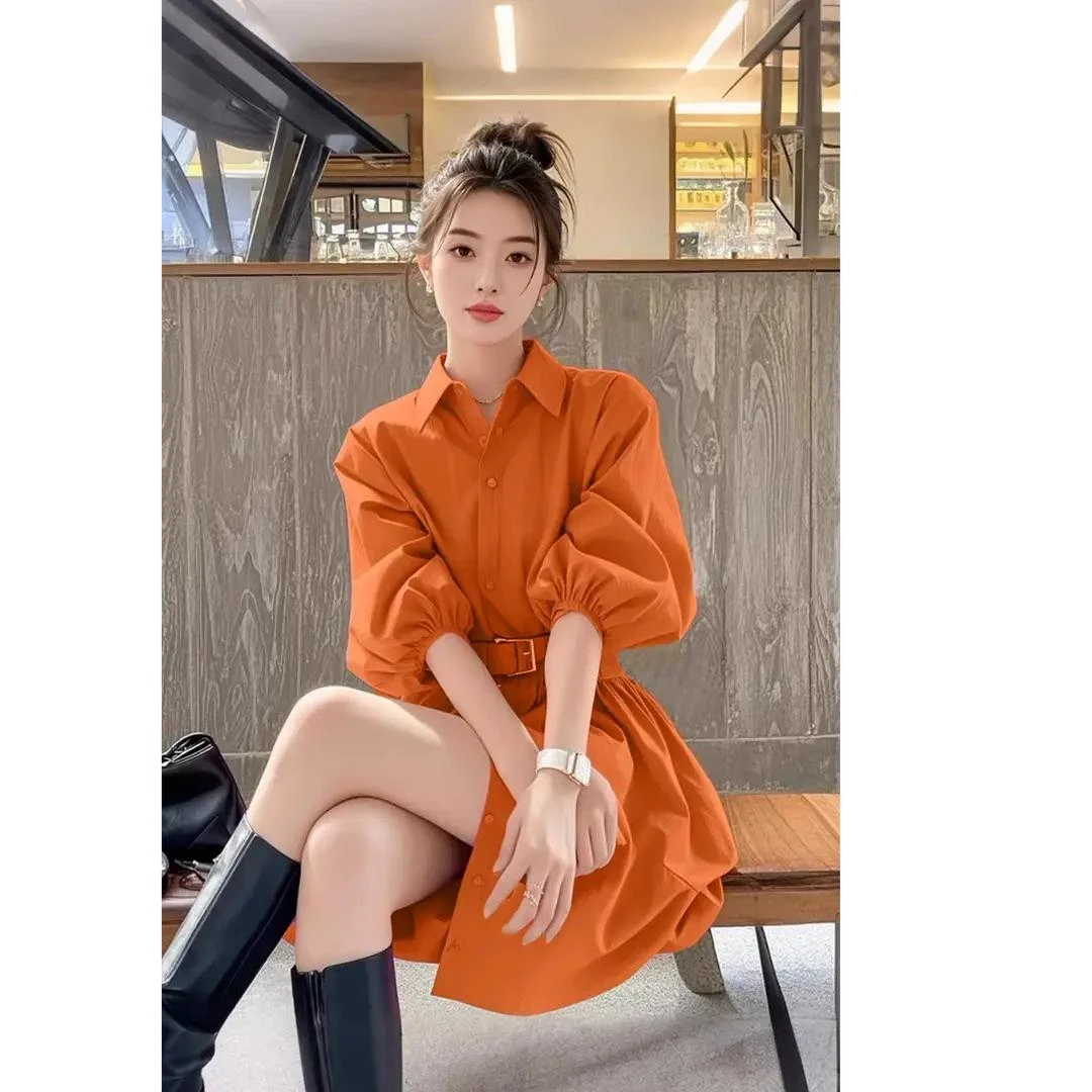 4252新款今年流行爆款裙子御姐高知穿搭绝美橙色收腰衬衫连衣裙女