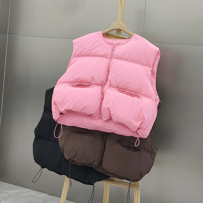 2025秋冬季新款羽绒服女马甲短款圆领加厚宽松背心坎肩白鸭绒外套